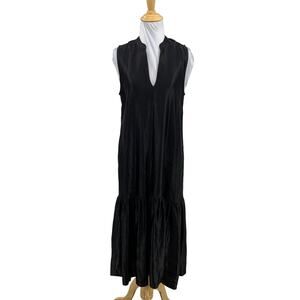 The Fold London Dress Womens 2 Black Silk Linen Blend Tiered Plunge V Neck Maxi